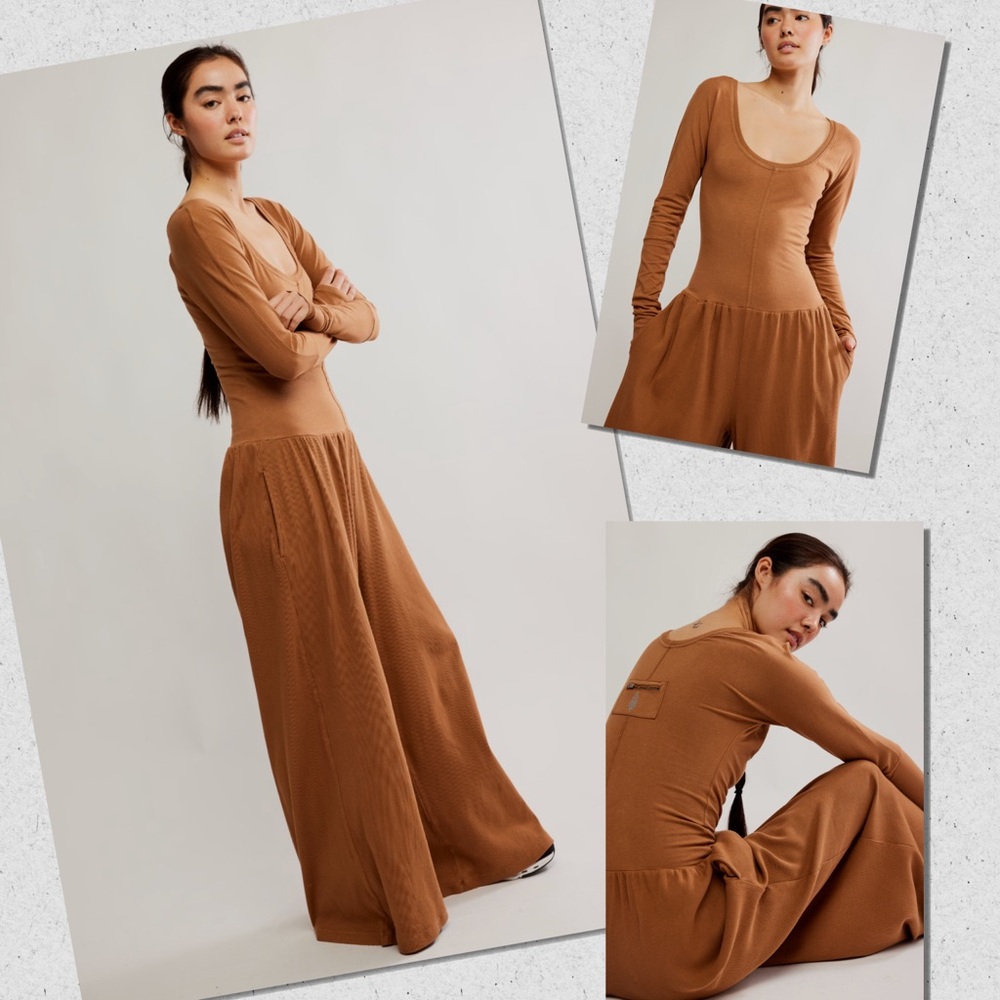 Free People Hot Shot Wide Leg Onesie Camel XL - Picture 4 of 5